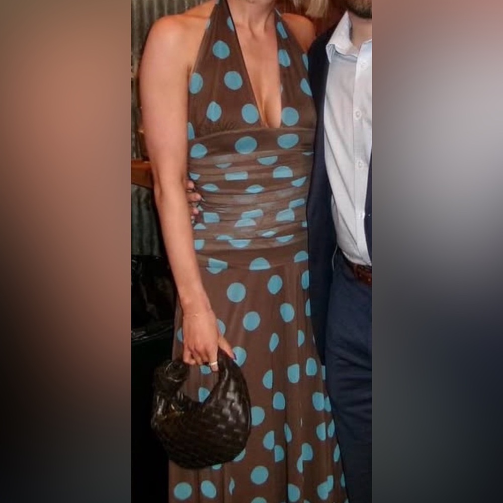 PrettyLittleThing Brown Halter Polka Dot Maxi Dress with Blue Spots